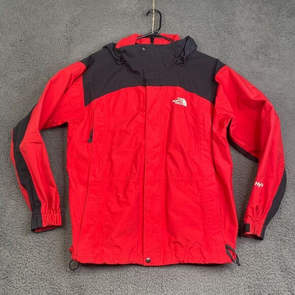 North Face Jacket Fleece Hyvent Mens M Red Black Packaway Hood - Picture 1 of 11